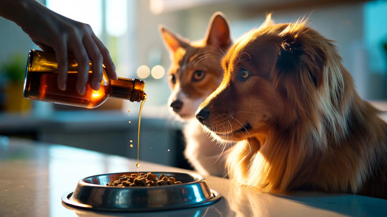 Illustration of salmon oil being added to a dog’s and cat’s food to provide omega-3s (EPA and DHA) that enhance coat shine