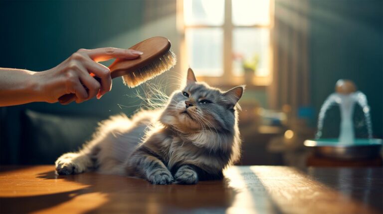 Illustration of a cat being gently brushed to remove loose fur and reduce hairballs, promoting smoother digestion