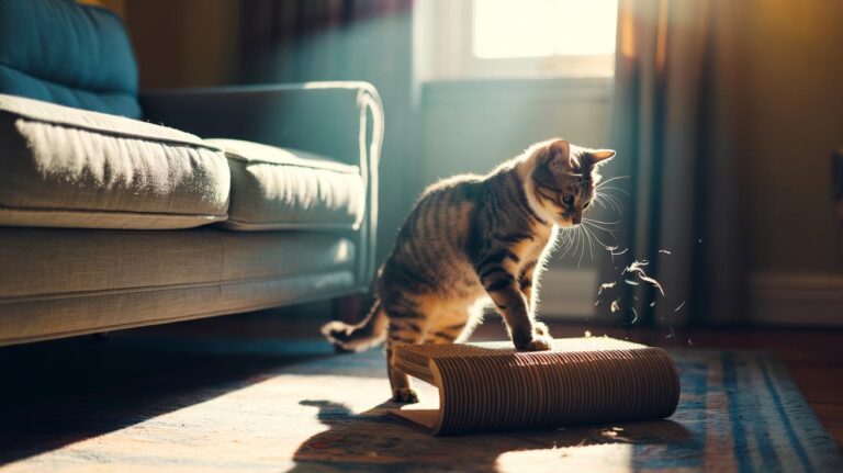 Illustration of a cat using a cardboard scratching pad beside a sofa