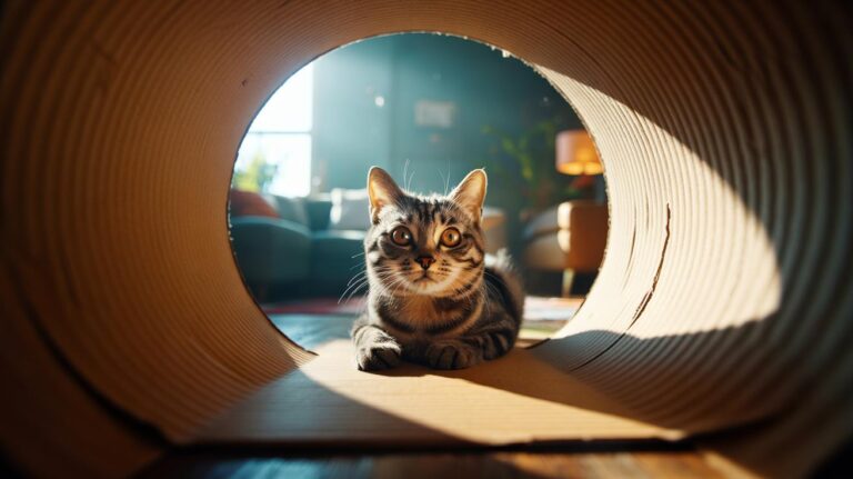 Illustration of a cat inside a cardboard tunnel, peeking out as it feels secure in the enclosed space