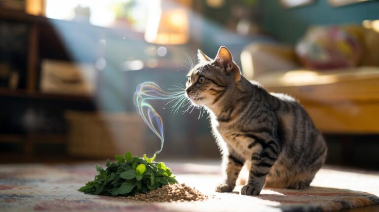 Illustration of a domestic cat sniffing and rolling in crushed catnip leaves as nepetalactone triggers playful behavior