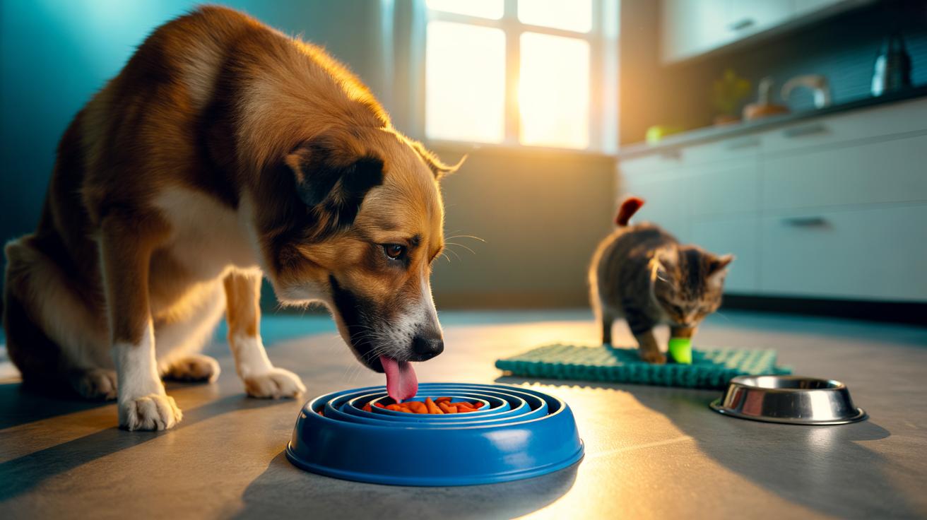 Illustration of a pet using a food puzzle to slow eating and reduce gulping to prevent bloating