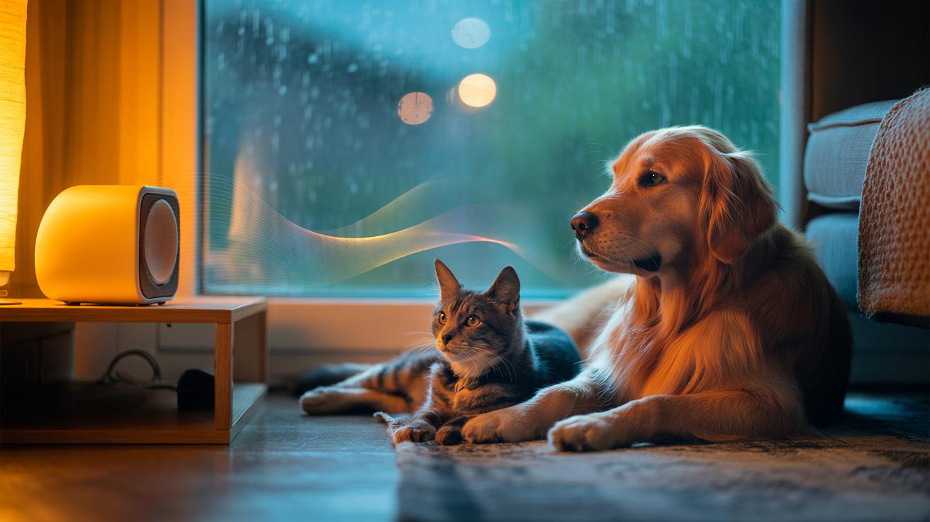 Illustration of gentle music reducing pet stress through low-to-mid frequency sound