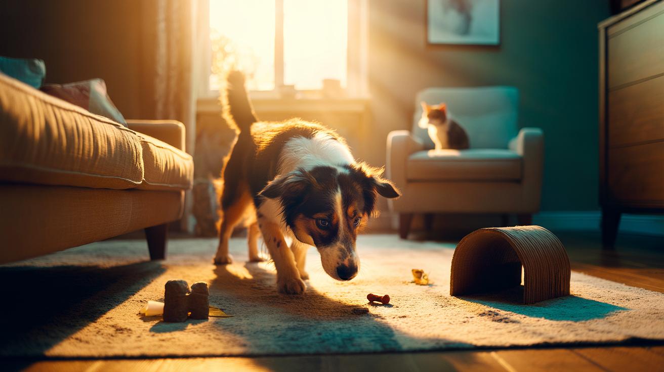Illustration of a dog sniffing for hidden treats around a living room during a scent-hunting game