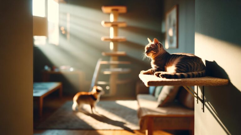 Illustration of a calm cat resting on a high perch, with a clear view that provides safety and reduces anxiety