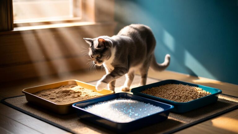 Illustration of a cat choosing between multiple litter boxes with different textures (fine clay, plant-based granules, and silica) to prevent accidents