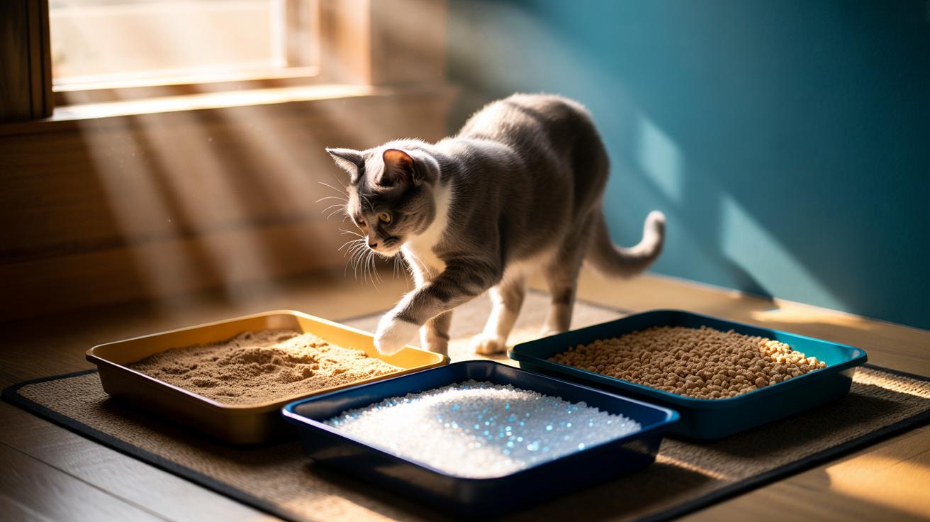 Illustration of a cat choosing between multiple litter boxes with different textures (fine clay, plant-based granules, and silica) to prevent accidents