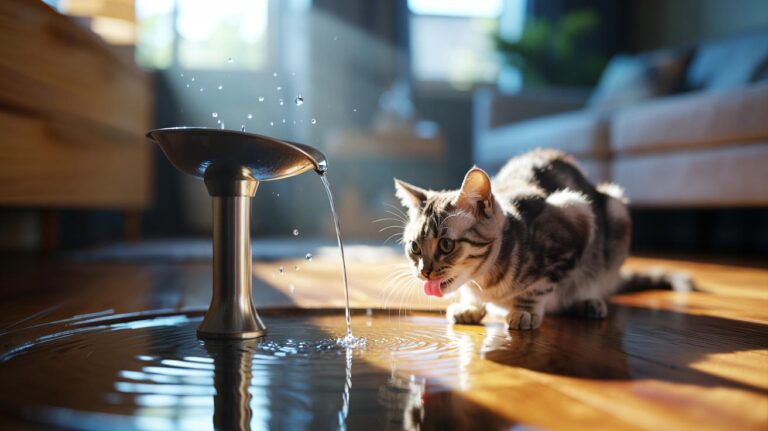 Illustration of a cat drinking from a water-fountain bowl with a gently flowing stream