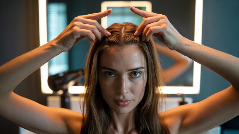 Illustration of a person performing a 1‑minute scalp stimulation with fingertips at the crown to lift flat roots and boost volume