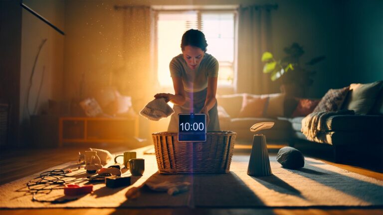 Illustration of a person setting a timer for a 10-minute tidy, swiftly decluttering a living room to transform the space and lift their mood