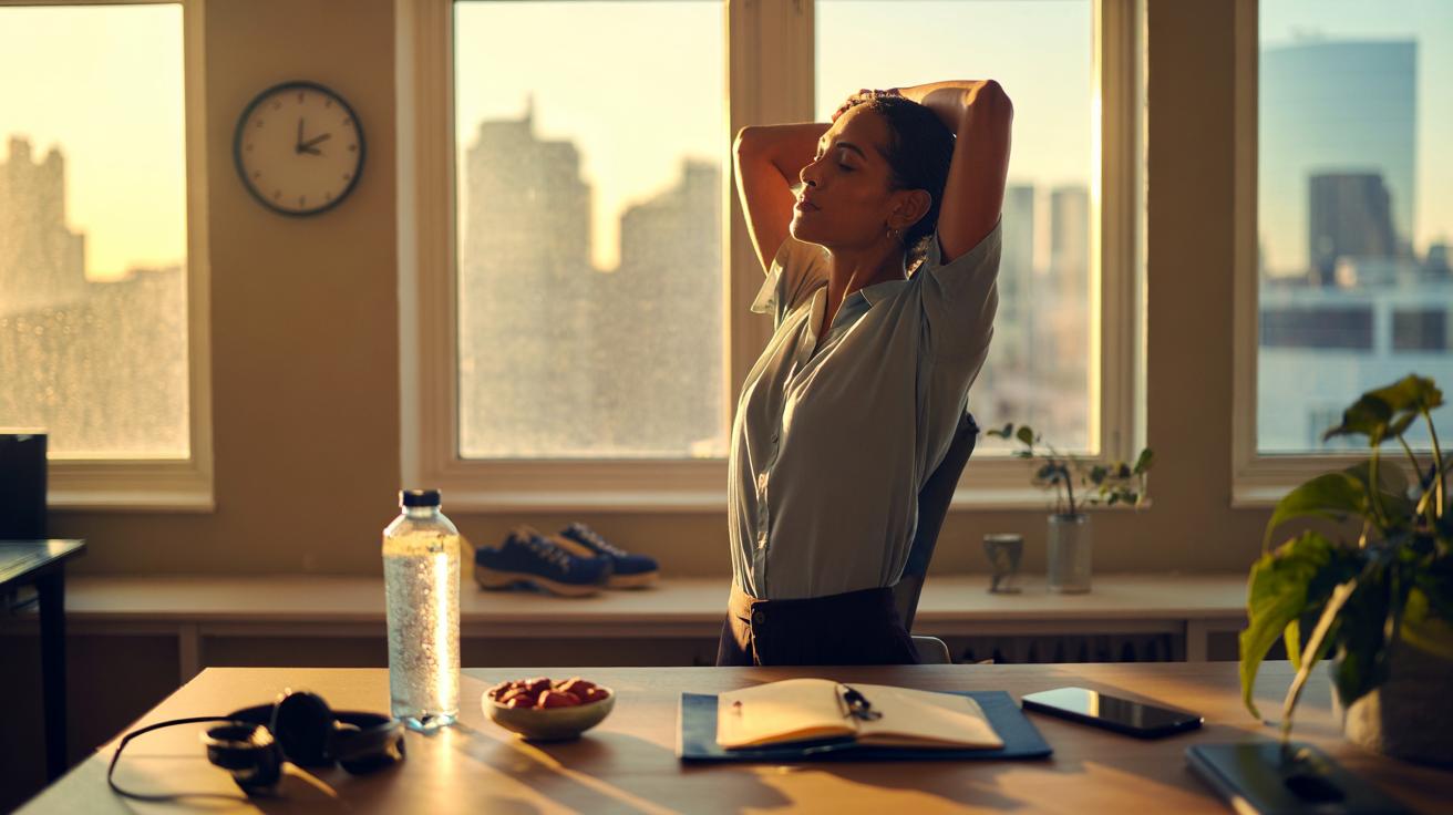 Illustration of a worker taking a 15-minute afternoon break by a window, stretching and drinking water to restore focus and energy