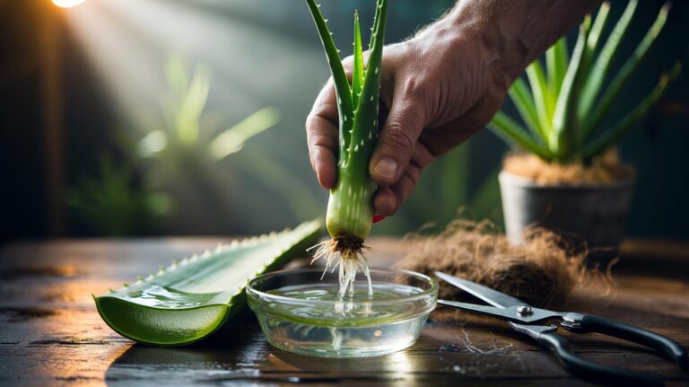 Illustration of a plant cutting being dipped into fresh aloe vera gel to stimulate rapid rooting through natural hormones