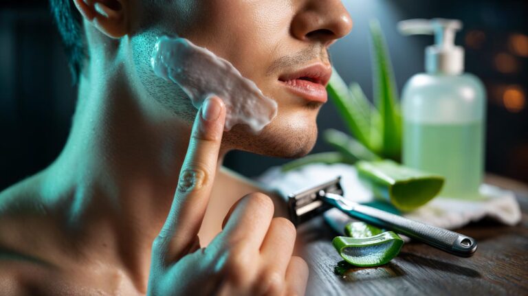 Illustration of aloe vera gel applied to freshly shaved, irritated skin to calm razor burn and reduce redness