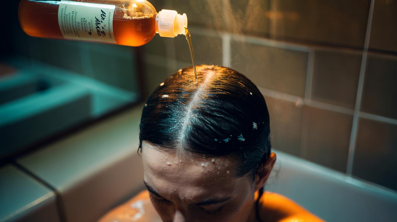 Illustration of an apple cider vinegar rinse being applied to the scalp to rebalance pH and reduce dandruff.