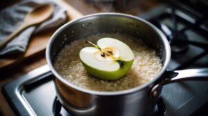 Illustration of an apple quarter placed in a pot of simmering rice, demonstrating pectin’s natural non-stick effect
