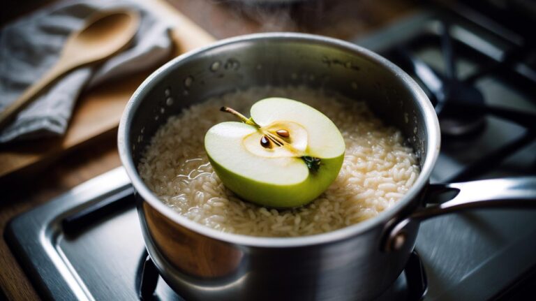 Illustration of an apple quarter placed in a pot of simmering rice, demonstrating pectin’s natural non-stick effect