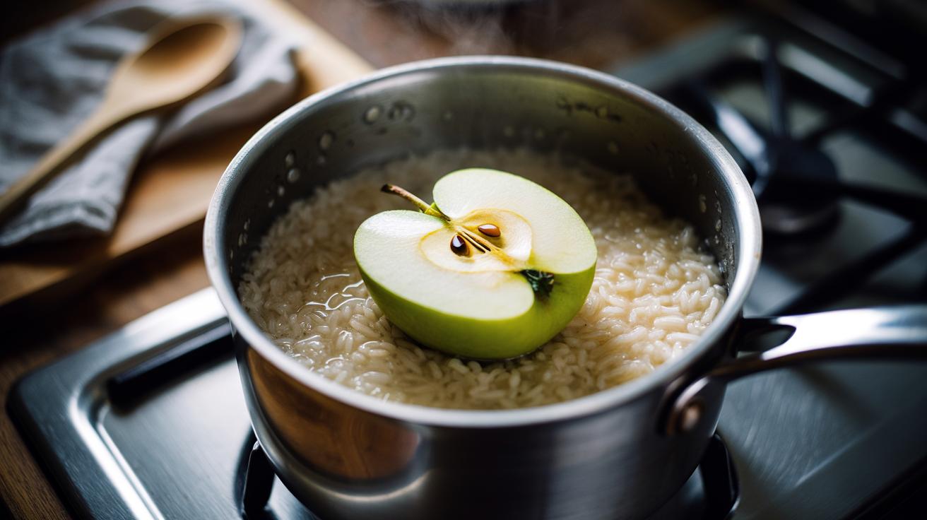 Illustration of an apple quarter placed in a pot of simmering rice, demonstrating pectin’s natural non-stick effect