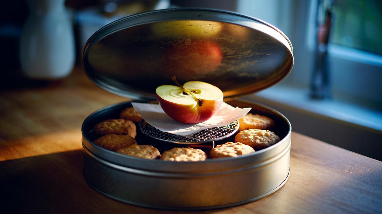 Illustration of an apple slice in an airtight cookie tin with cookies, balancing moisture to keep them chewy
