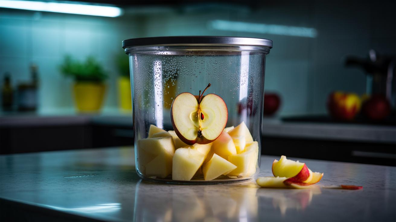 Illustration of an apple slice nestled among cut potatoes in a sealed container to prevent oxidation and browning