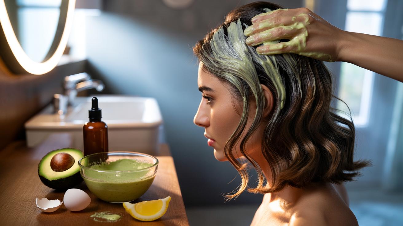 Illustration of an avocado and egg hair mask being applied to damaged hair to reduce breakage and smooth the cuticle