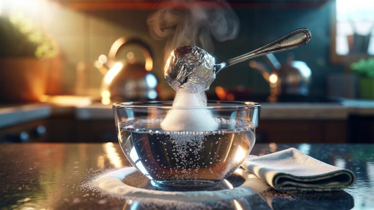 Illustration of baking soda and a crumpled aluminium foil ball lifting tarnish from silver cutlery