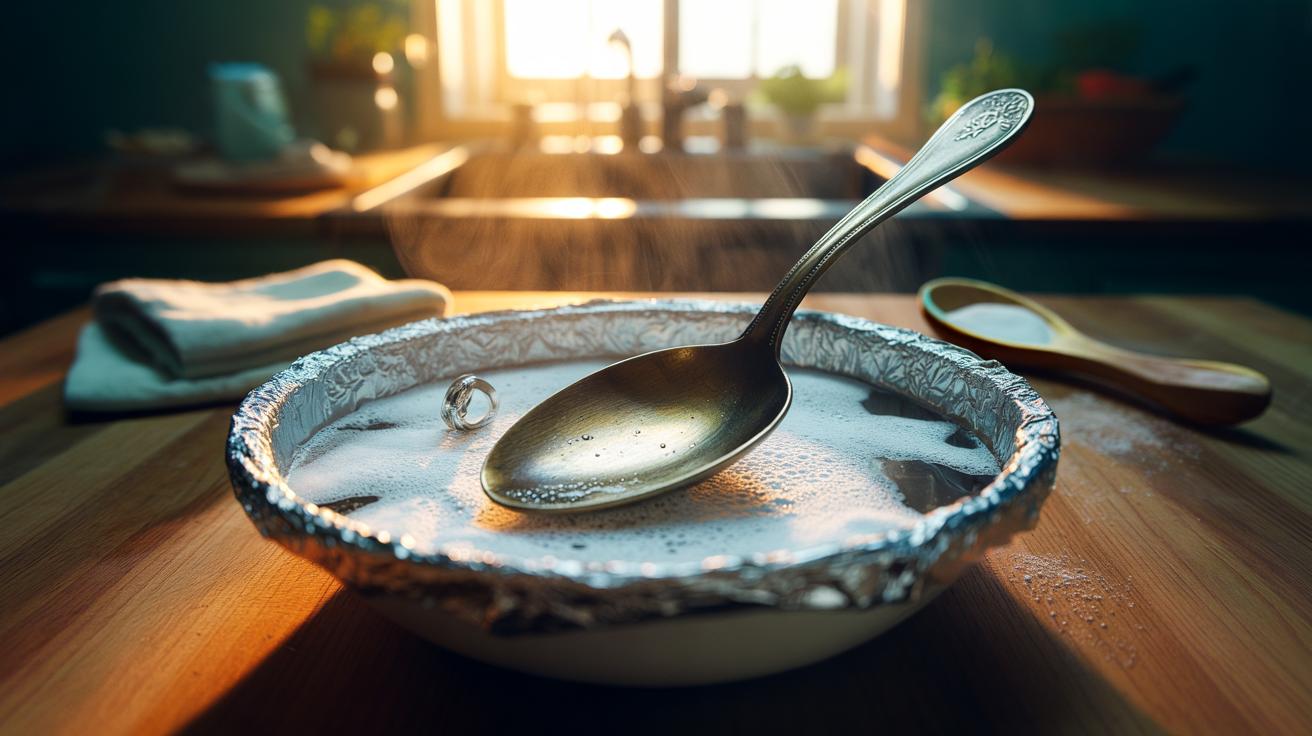 Illustration of silver items soaking in a foil-lined bowl with baking soda and hot water to lift tarnish