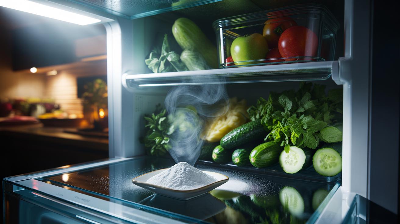 Illustration of an open dish of bicarbonate of soda inside a refrigerator beside a crisper drawer filled with fresh vegetables