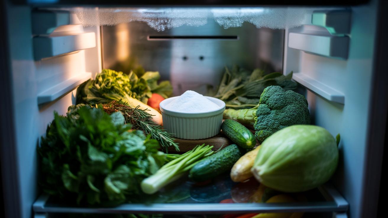 Illustration of a dish of bicarbonate of soda in a fridge crisper drawer to keep vegetables crisp by naturally managing ethylene gas