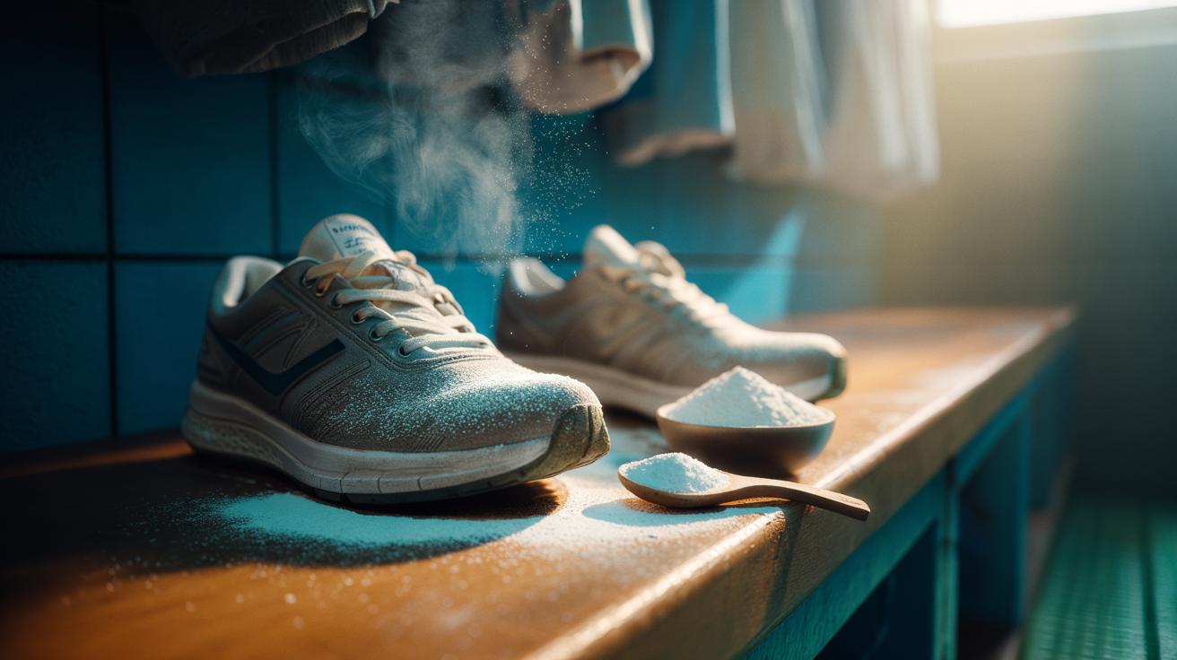 Illustration of baking soda powder sprinkled inside sneakers, absorbing sweat and neutralising odour all day