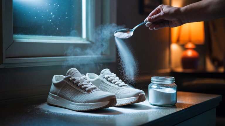 Illustration of baking soda sprinkled in trainers overnight to absorb sweat and neutralise odour