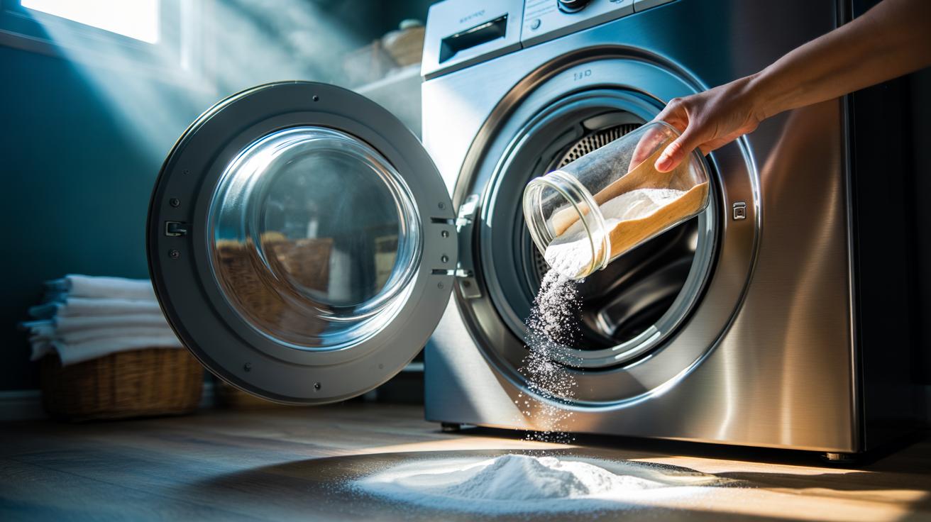 Illustration of baking soda powder being added to a front-loading washing machine to prevent mould on the rubber door seal