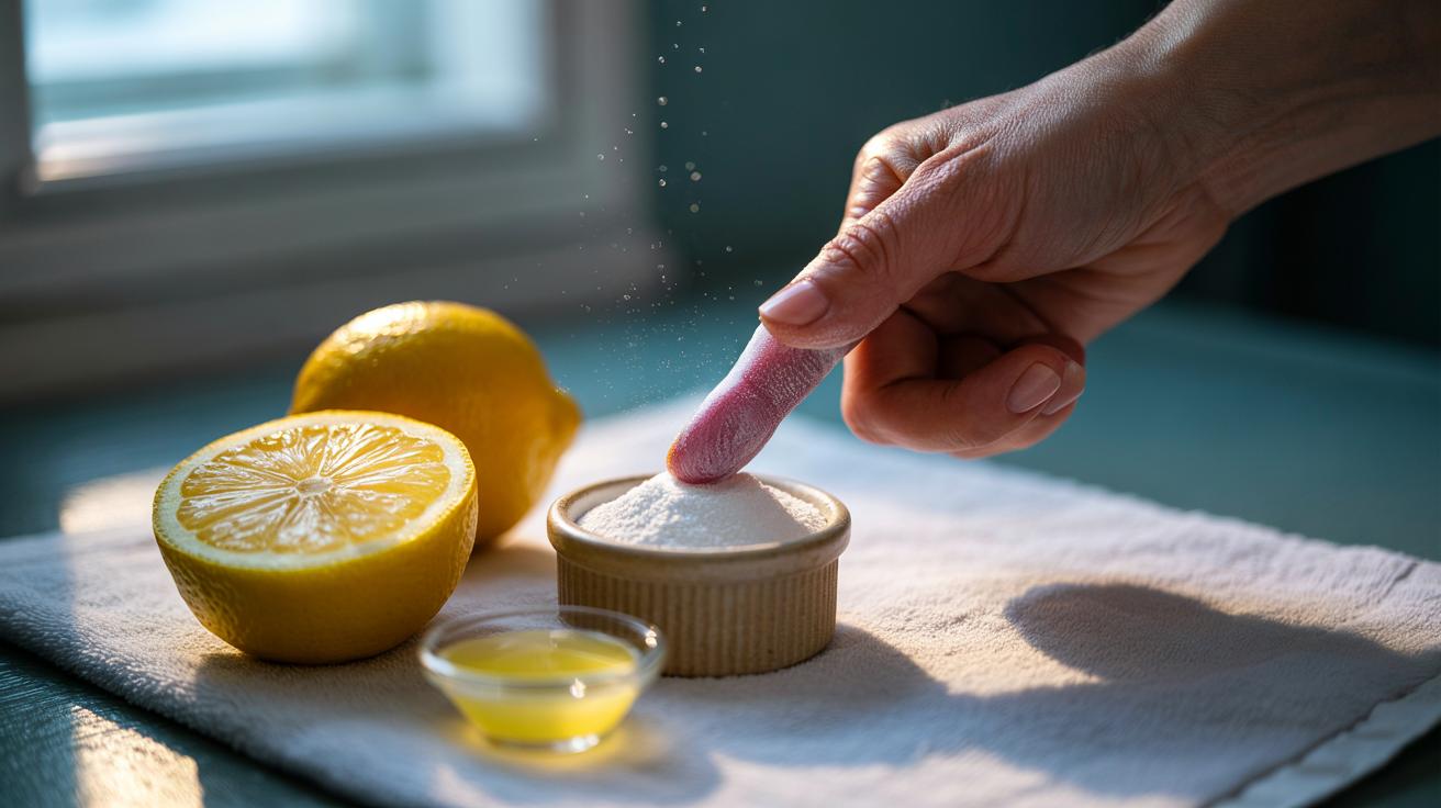 Illustration of a close-up of a hand applying a baking soda and lemon paste to yellowed fingernails to gently remove stains