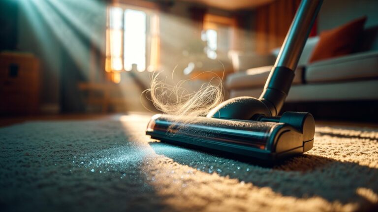 Illustration of a carpet lightly dusted with baking soda as a vacuum nozzle picks up pet hair