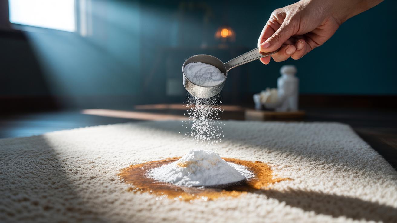 Illustration of baking soda being sprinkled over a fresh vomit stain on a fabric surface to neutralise acid and lift moisture before washing