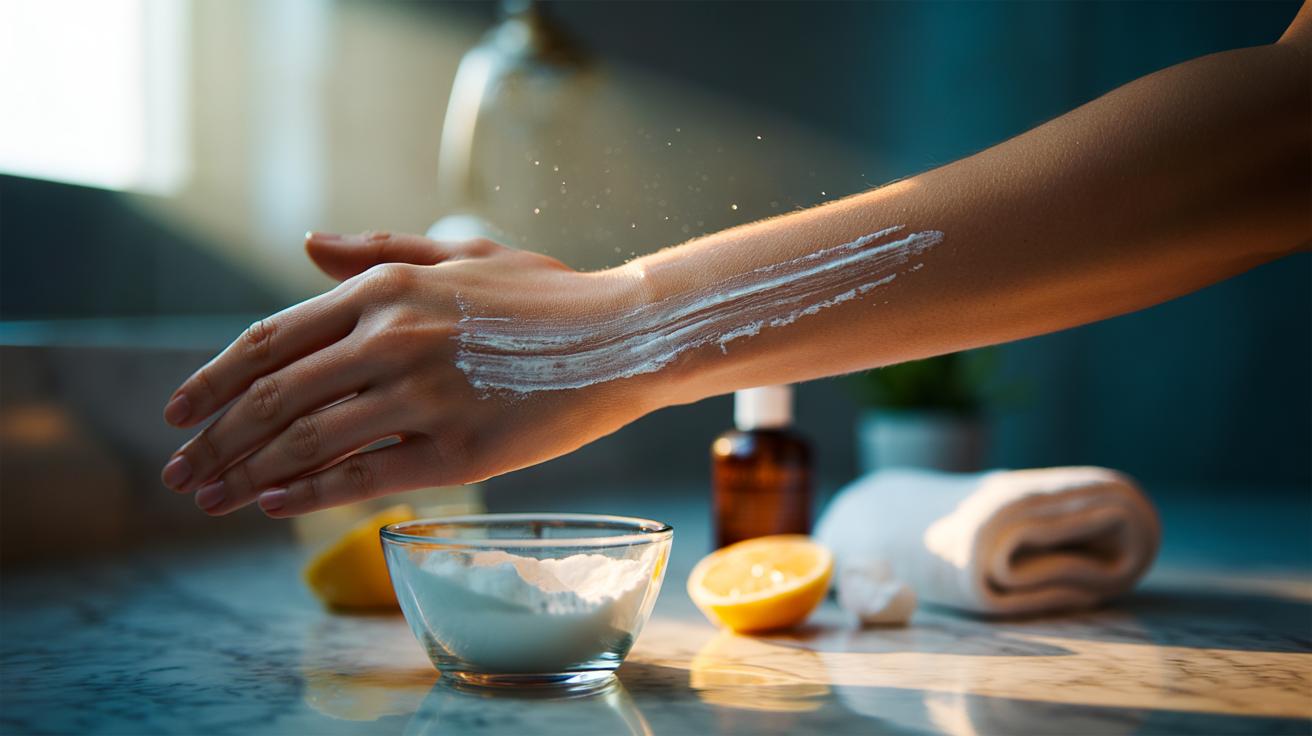 Illustration of a hand applying a baking soda (bicarbonate of soda) paste to streaky self-tan on the wrist, showing a gentle fizz to even the skin