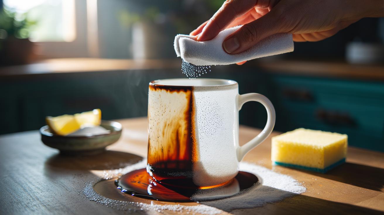 Illustration of baking soda paste cleaning tea stains from a mug, with gentle fizz lifting the marks