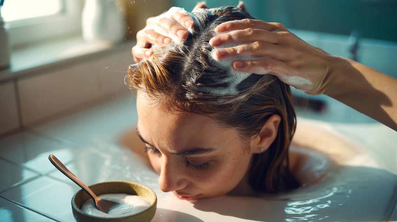 Illustration of a person gently massaging a baking soda paste into the scalp to remove dry shampoo buildup with a mild fizz