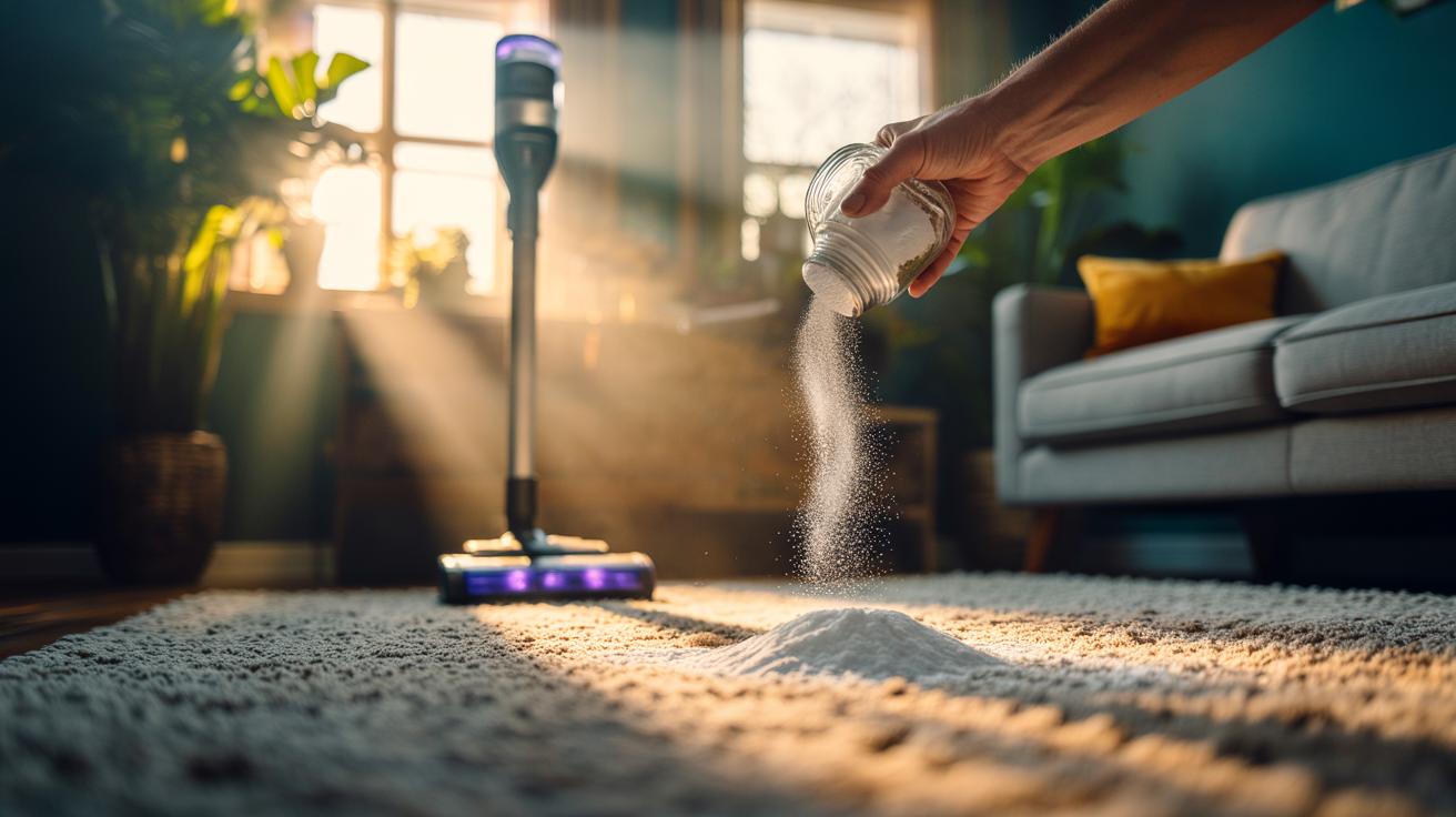 Illustration of baking soda, an alkaline powder, being shaken over a carpet before vacuuming to neutralise everyday odours