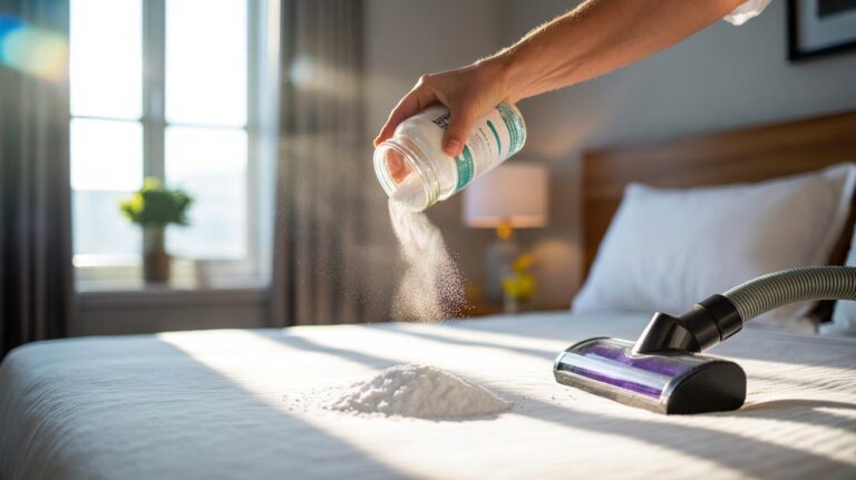 Illustration of baking soda being sprinkled on a mattress to absorb deep odours