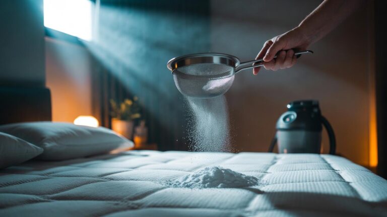 Illustration of baking soda being sprinkled over a mattress to eliminate odours overnight