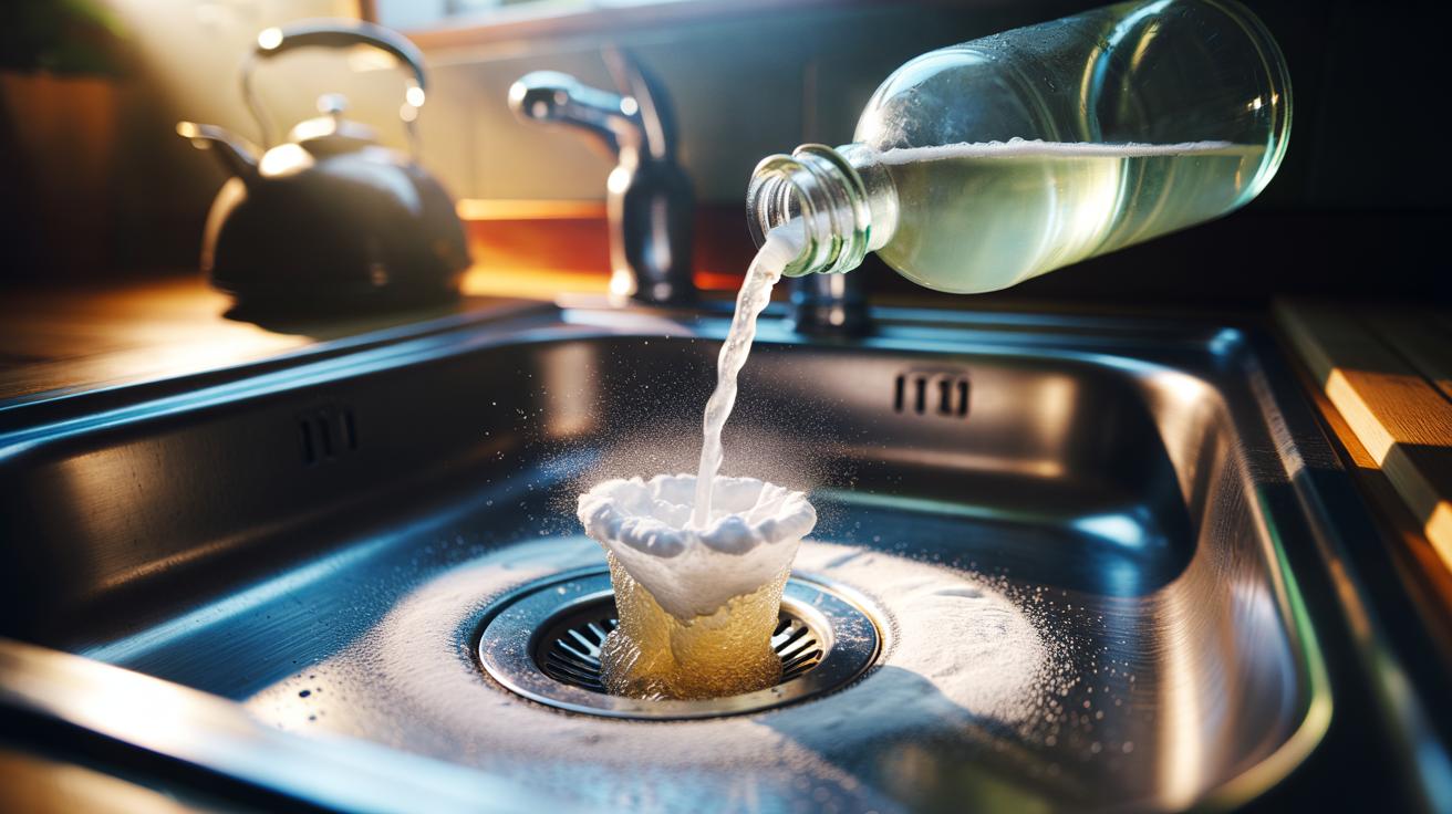 Illustration of baking soda and white vinegar fizzing inside a sink drain to loosen grease buildup