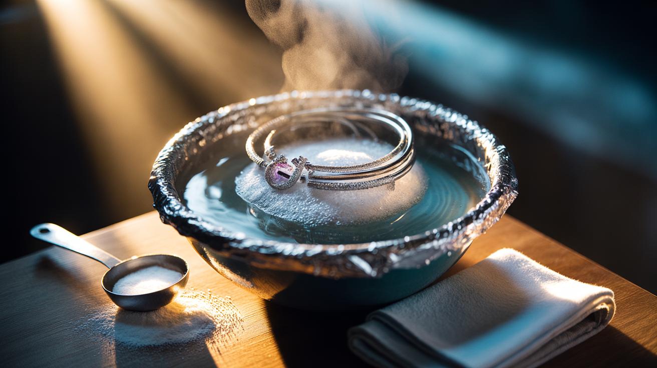 Illustration of a baking soda and water mix cleaning silver jewellery with a gentle fizz in an aluminium foil-lined bowl