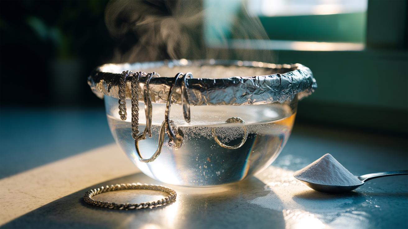 Illustration of silver jewellery in a hot water and baking soda bath lined with aluminium foil, showing gentle fizz as tarnish lifts