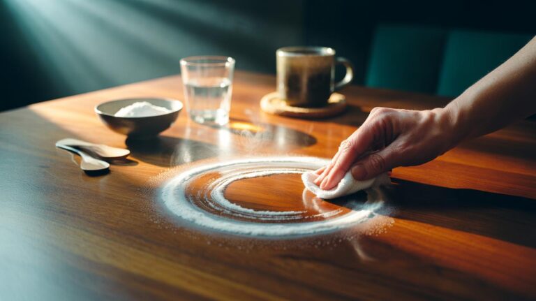 Illustration of applying a baking soda and water paste to remove a white ring mark on a wooden table