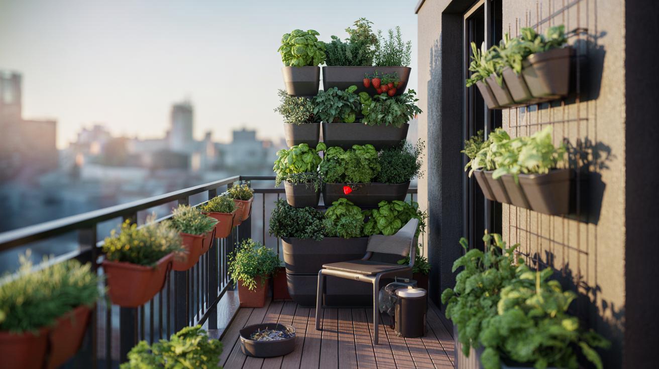 Illustration of vertical pots stacked on a tiny balcony to maximise space, growing herbs, leafy greens, and strawberries