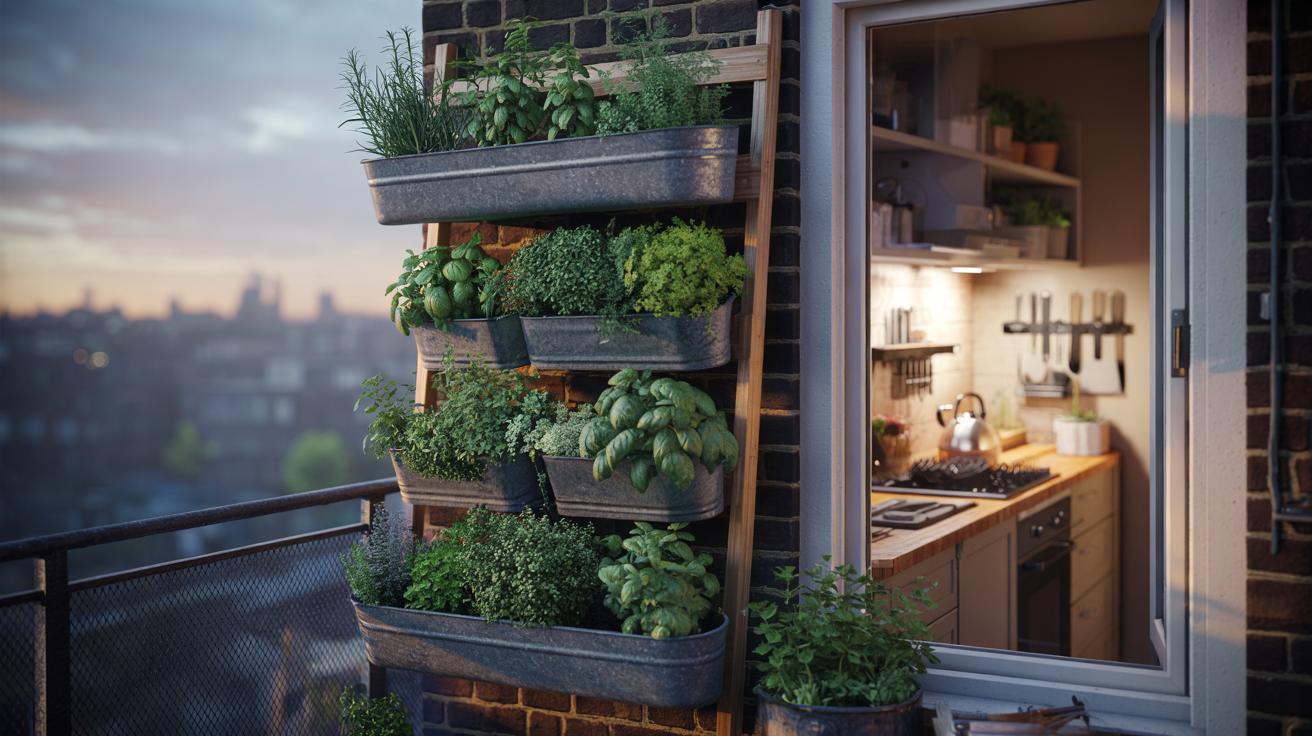 Illustration of a vertical herb garden on a small UK balcony, with rail-hung and tiered planters used to free kitchen counter space