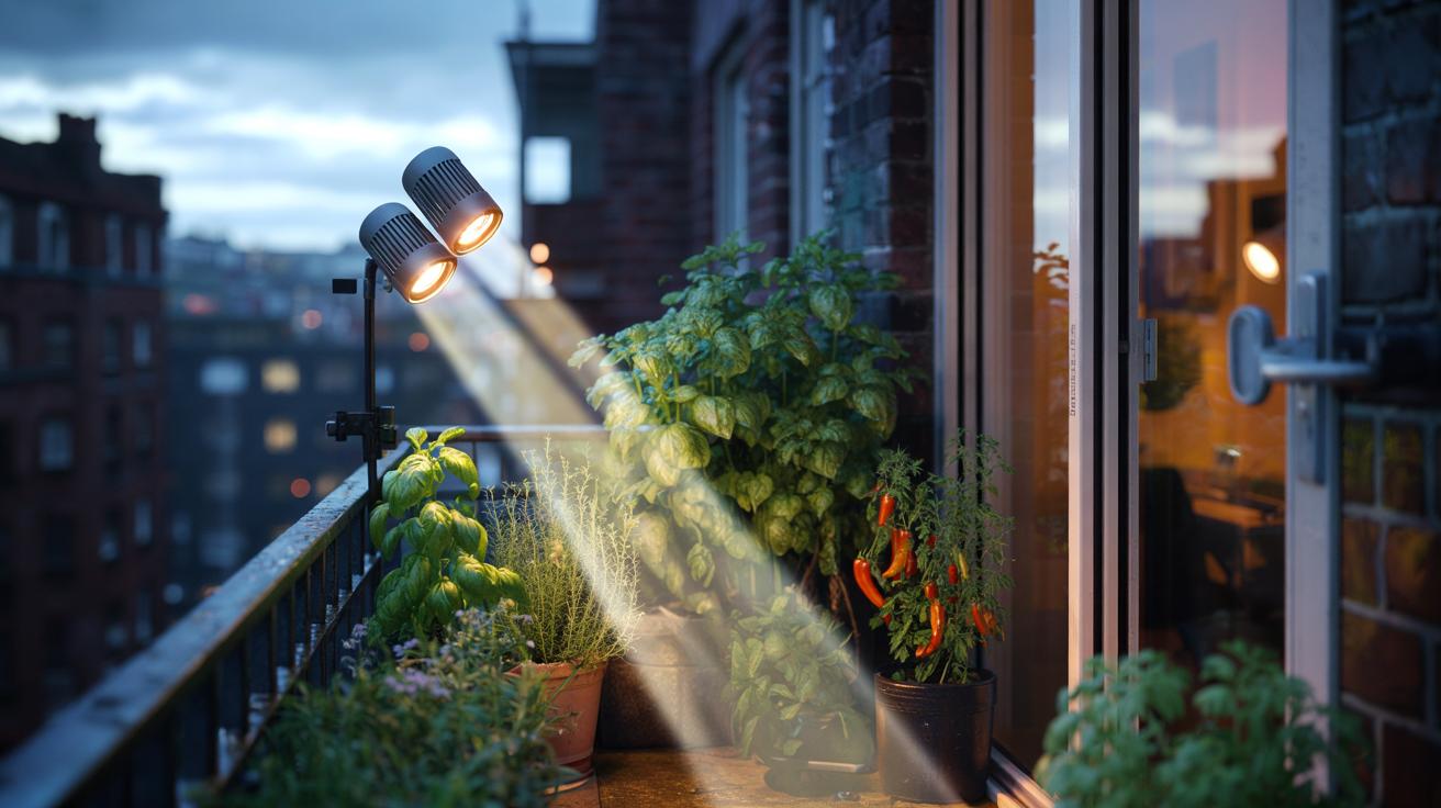 Illustration of angled LED grow bulbs on a balcony side-lighting potted plants to mimic natural sunlight