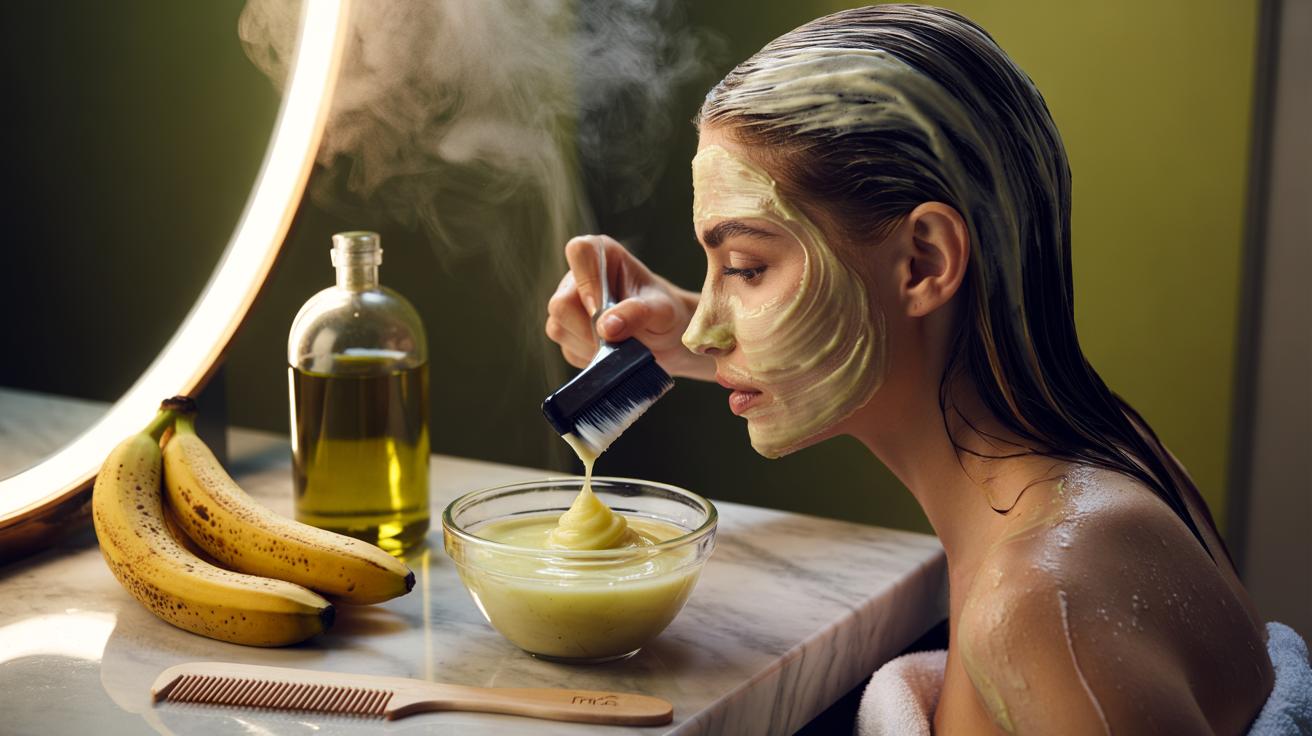 Illustration of a ripe banana and extra-virgin olive oil blended into a hair mask for deep-conditioning dry hair