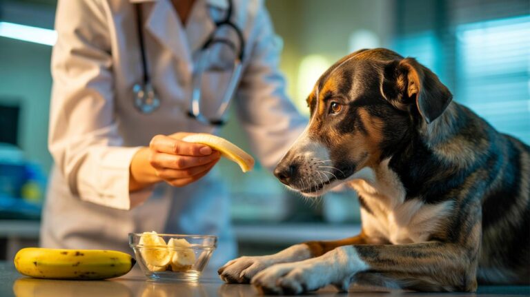 Illustration of a veterinarian-approved banana-slice treat being offered to a dog to provide natural potassium for muscle health
