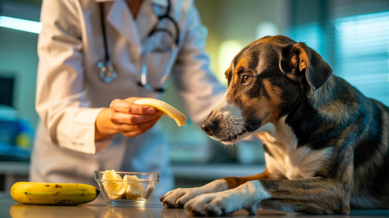Illustration of a veterinarian-approved banana-slice treat being offered to a dog to provide natural potassium for muscle health